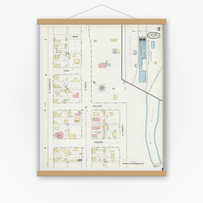 Old map wall art mockup — magnetic wood frame on white wall — Sanborn Fire Insurance Map from Delphi, Carroll County, Indiana (1893), Sheet #0003