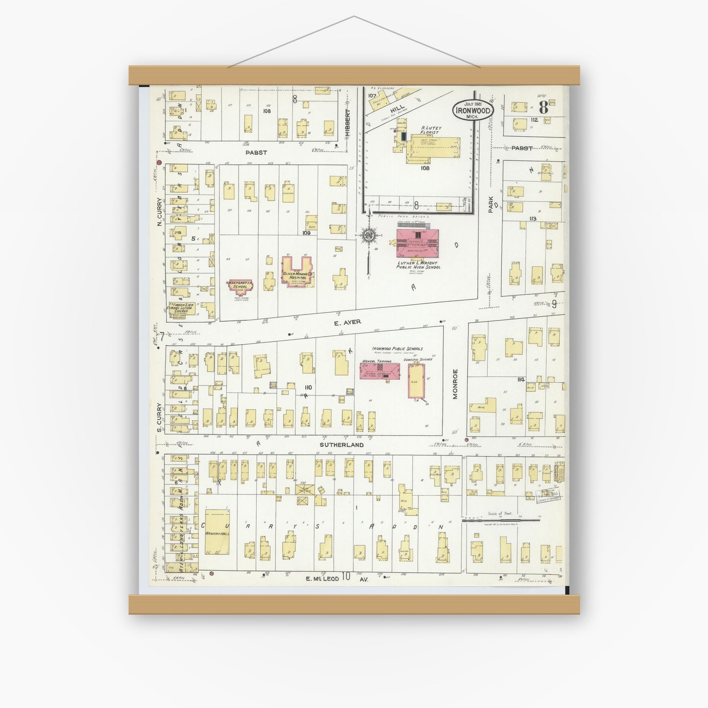 Old map wall art mockup — magnetic wood frame on white wall — Sanborn Fire Insurance Map from Ironwood, Gogebic County, Michigan (1921), Sheet #0008