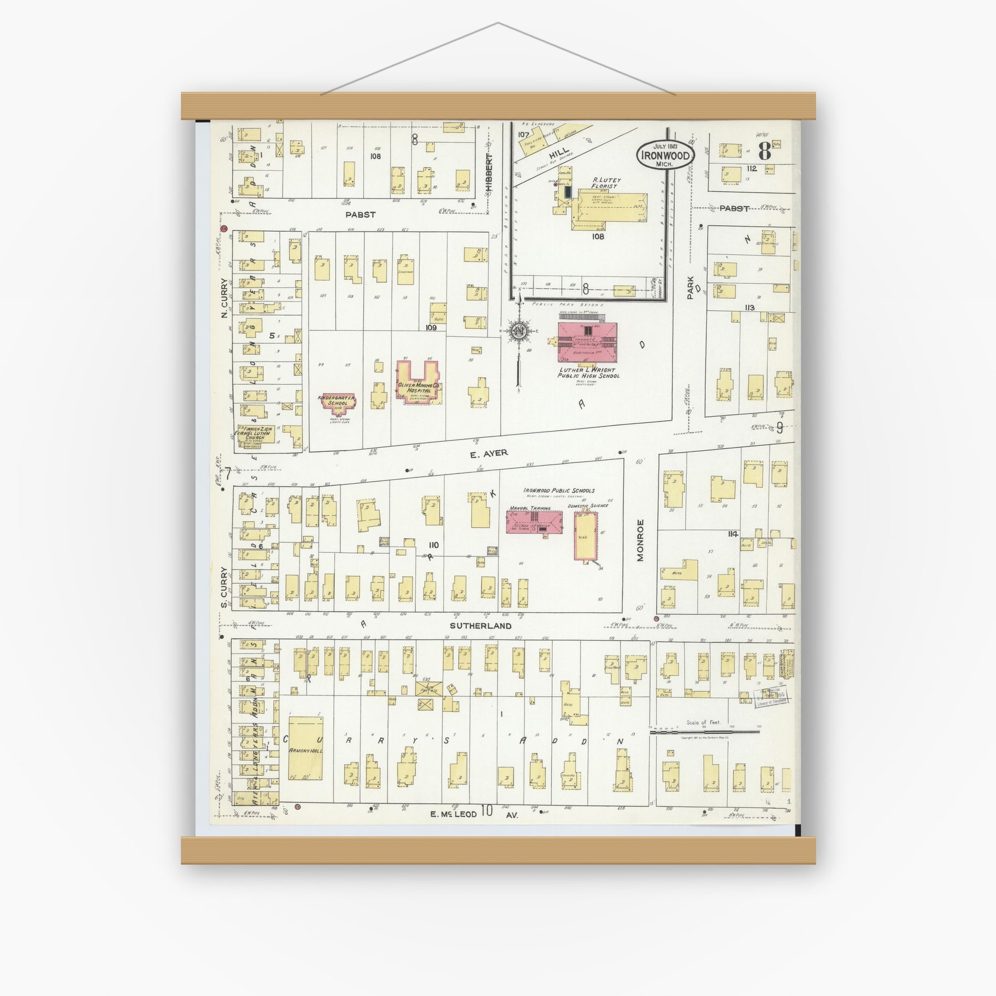 Old map wall art mockup — magnetic wood frame on white wall — Sanborn Fire Insurance Map from Ironwood, Gogebic County, Michigan (1921), Sheet #0008