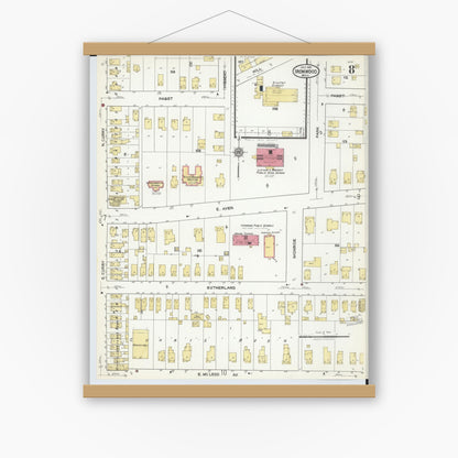 Old map wall art mockup — magnetic wood frame on white wall — Sanborn Fire Insurance Map from Ironwood, Gogebic County, Michigan (1921), Sheet #0008
