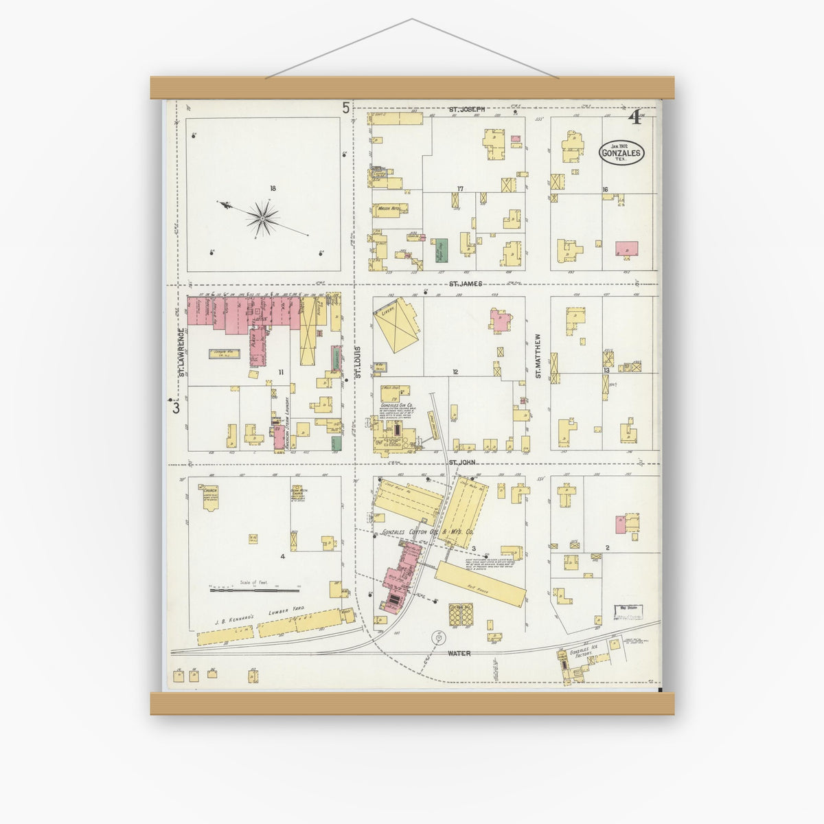 Old map wall art mockup — magnetic wood frame on white wall — Sanborn Fire Insurance Map from Gonzales, Gonzales County, Texas (1902), Sheet #0004