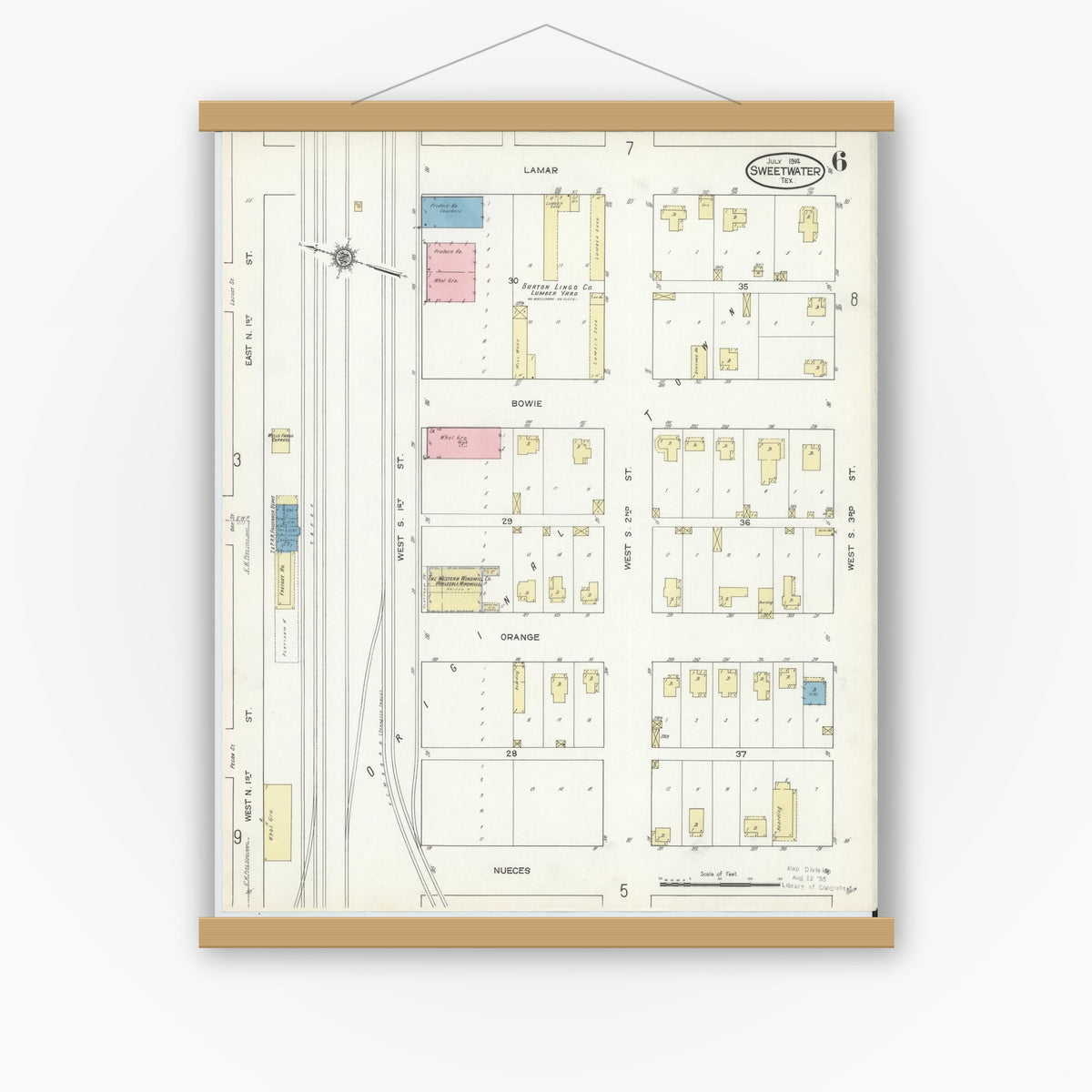 Old map wall art mockup — magnetic wood frame on white wall — Sanborn Fire Insurance Map from Sweetwater, Nolan County, Texas (1914), Sheet #0006