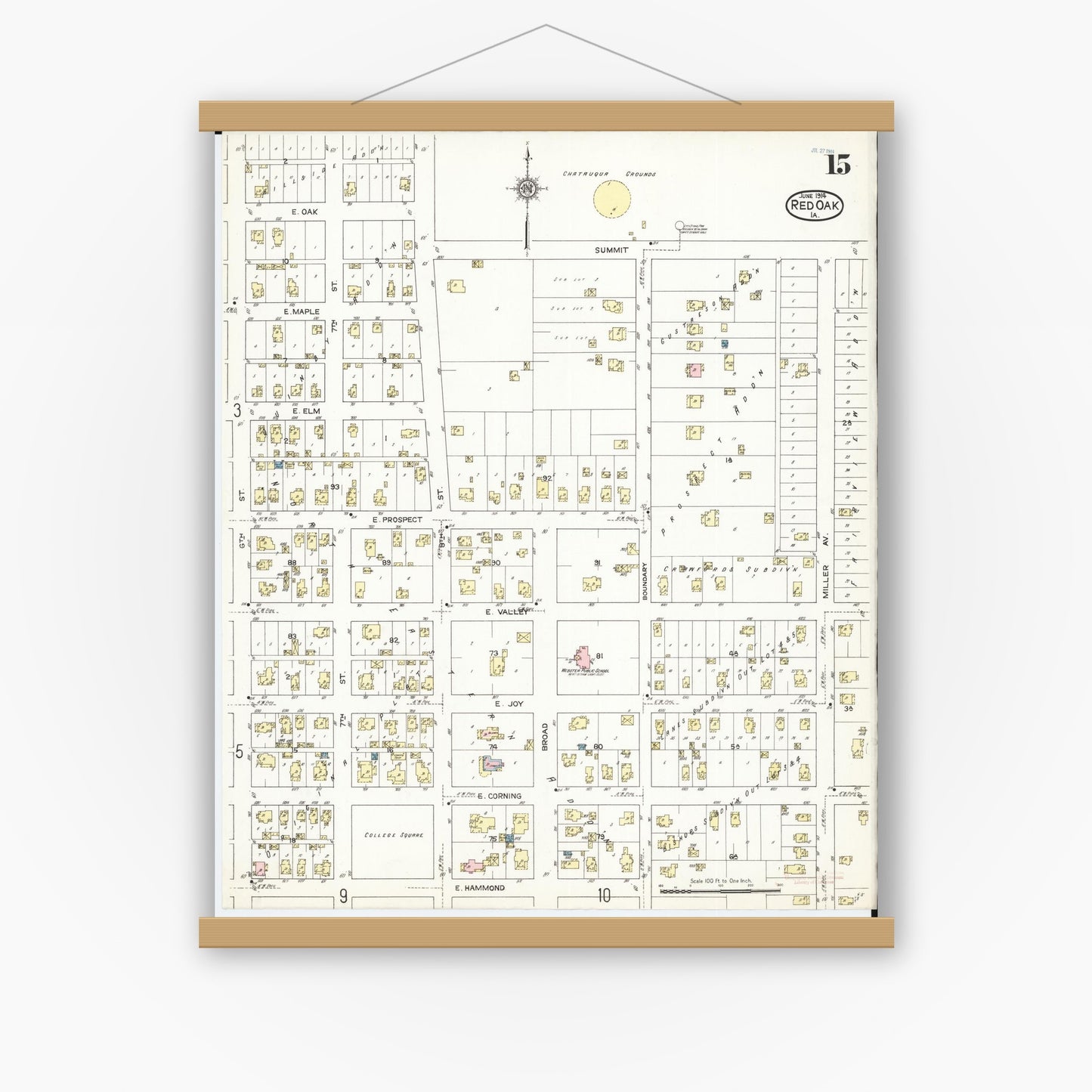 Old map wall art mockup — magnetic wood frame on white wall — Sanborn Fire Insurance Map from Red Oak, Montgomery County, Iowa (1914), Sheet #0015