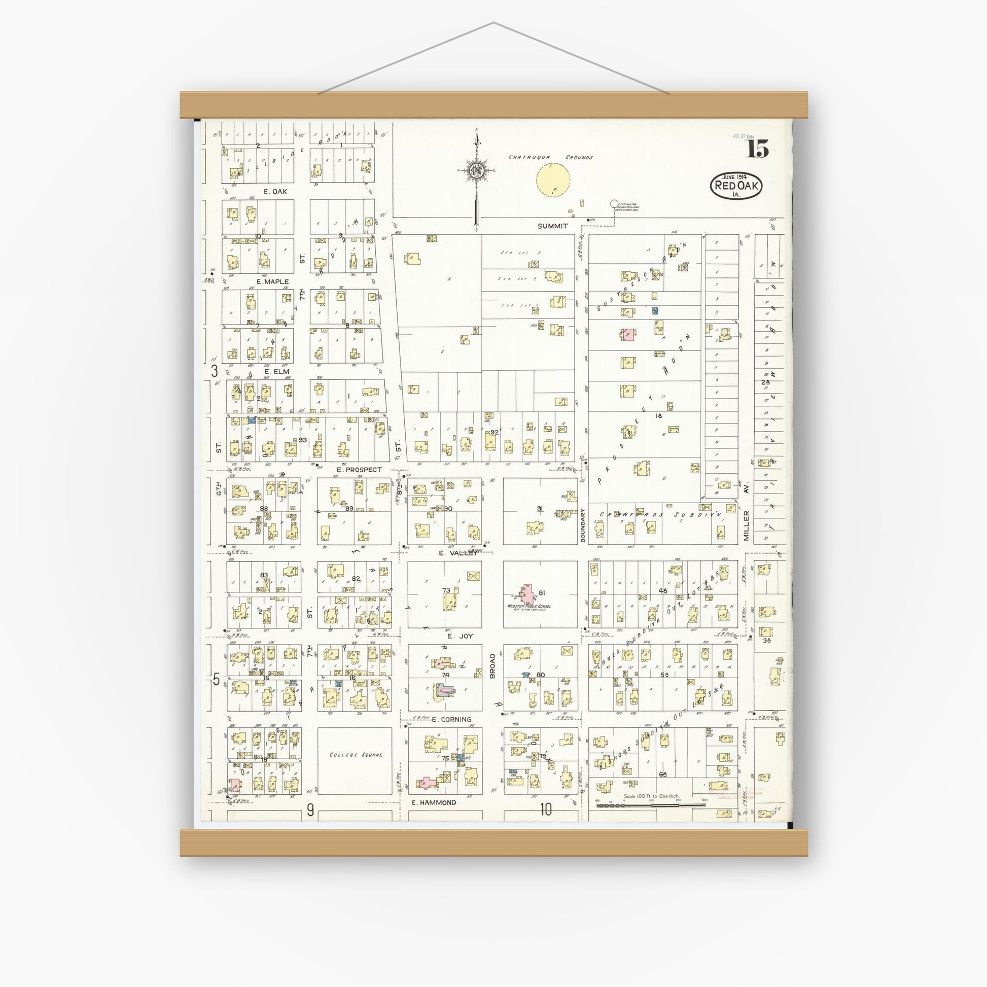 Old map wall art mockup — magnetic wood frame on white wall — Sanborn Fire Insurance Map from Red Oak, Montgomery County, Iowa (1914), Sheet #0015