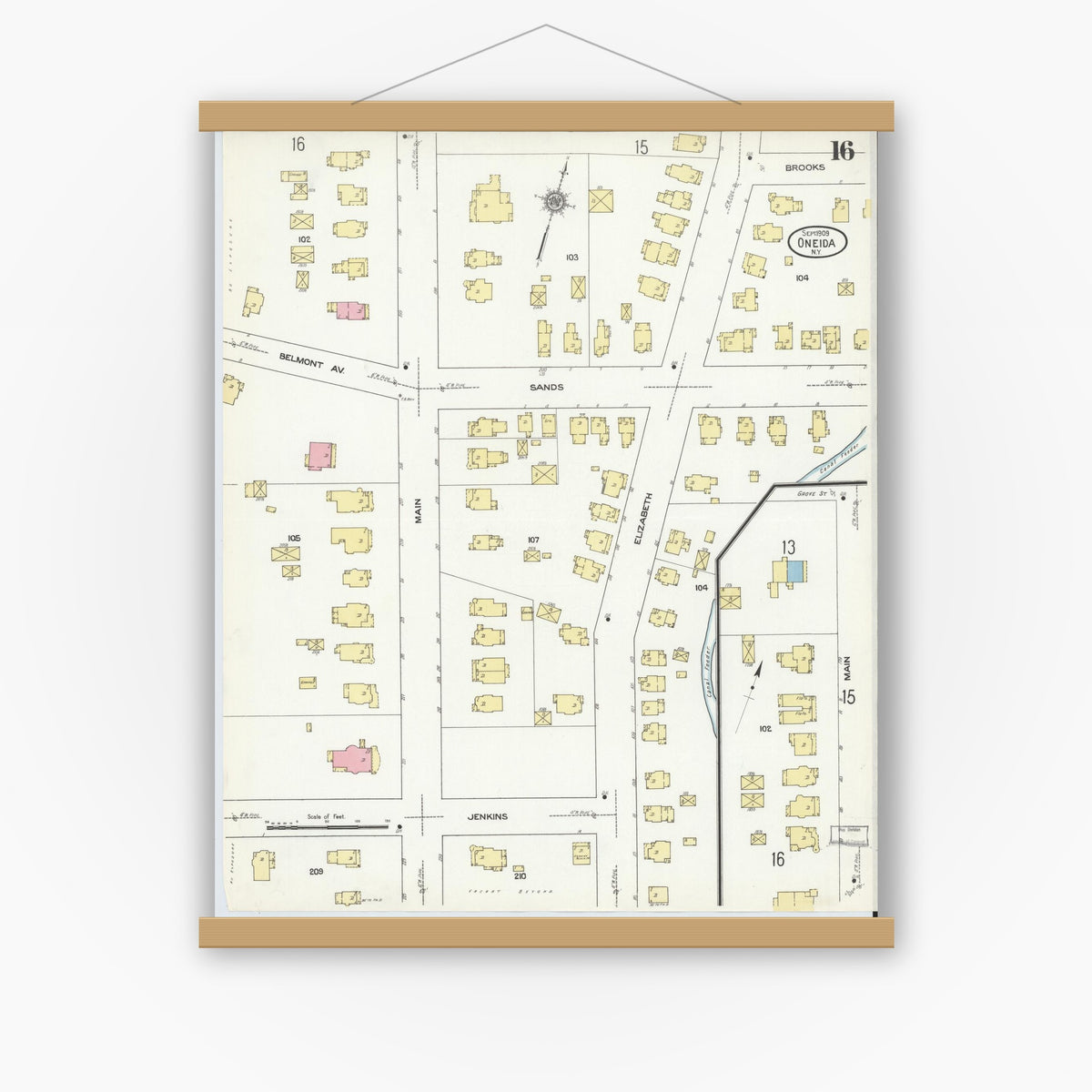 Old map wall art mockup — magnetic wood frame on white wall — Sanborn Fire Insurance Map from Oneida, Madison County, New York (1909), Sheet #0016