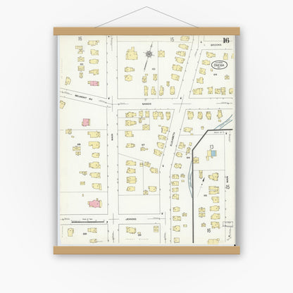 Old map wall art mockup — magnetic wood frame on white wall — Sanborn Fire Insurance Map from Oneida, Madison County, New York (1909), Sheet #0016