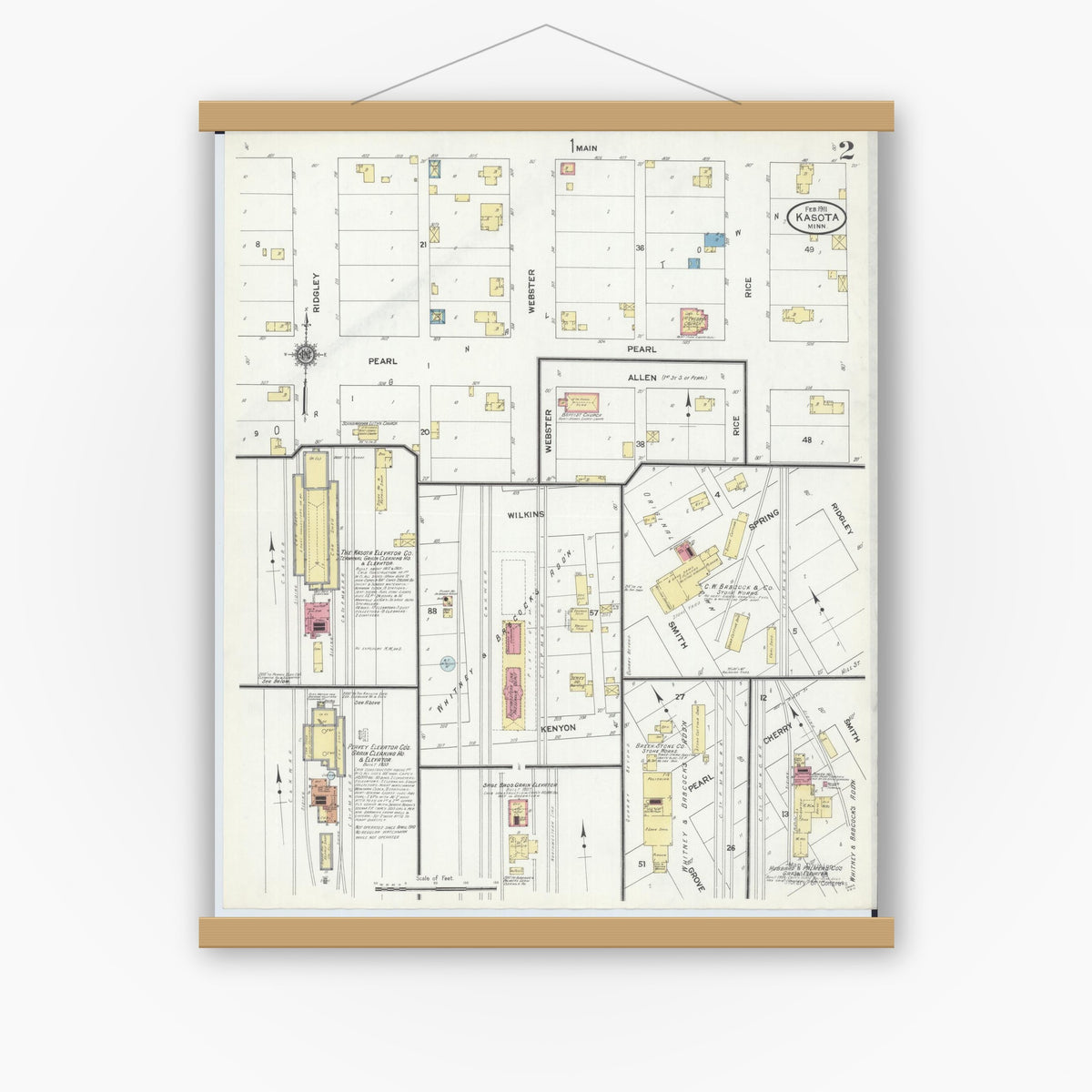 Old map wall art mockup — magnetic wood frame on white wall — Sanborn Fire Insurance Map from Kasota, Le Sueur County, Minnesota (1911), Sheet #0002