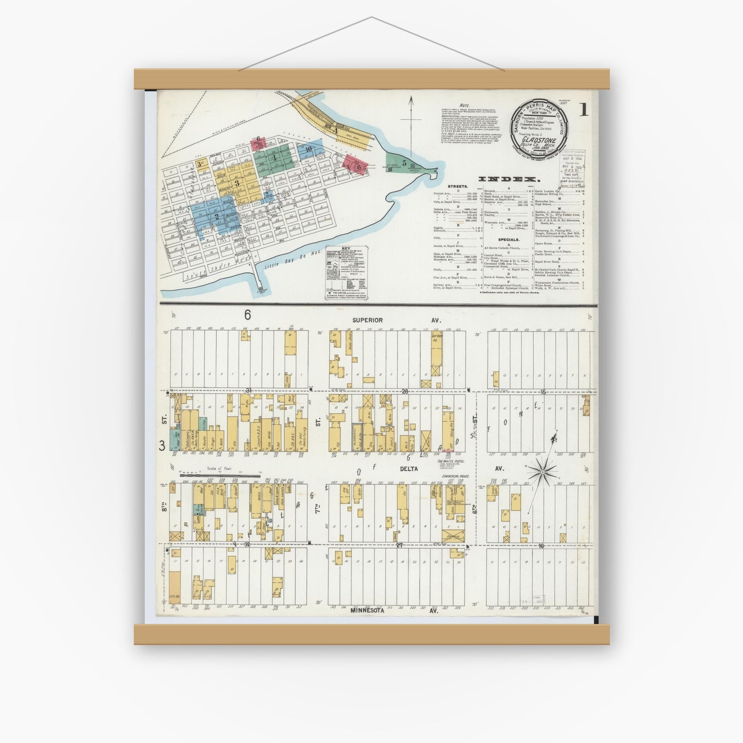 Old map wall art mockup — magnetic wood frame on white wall — Sanborn Fire Insurance Map from Gladstone, Delta County, Michigan (1900), Sheet #0001