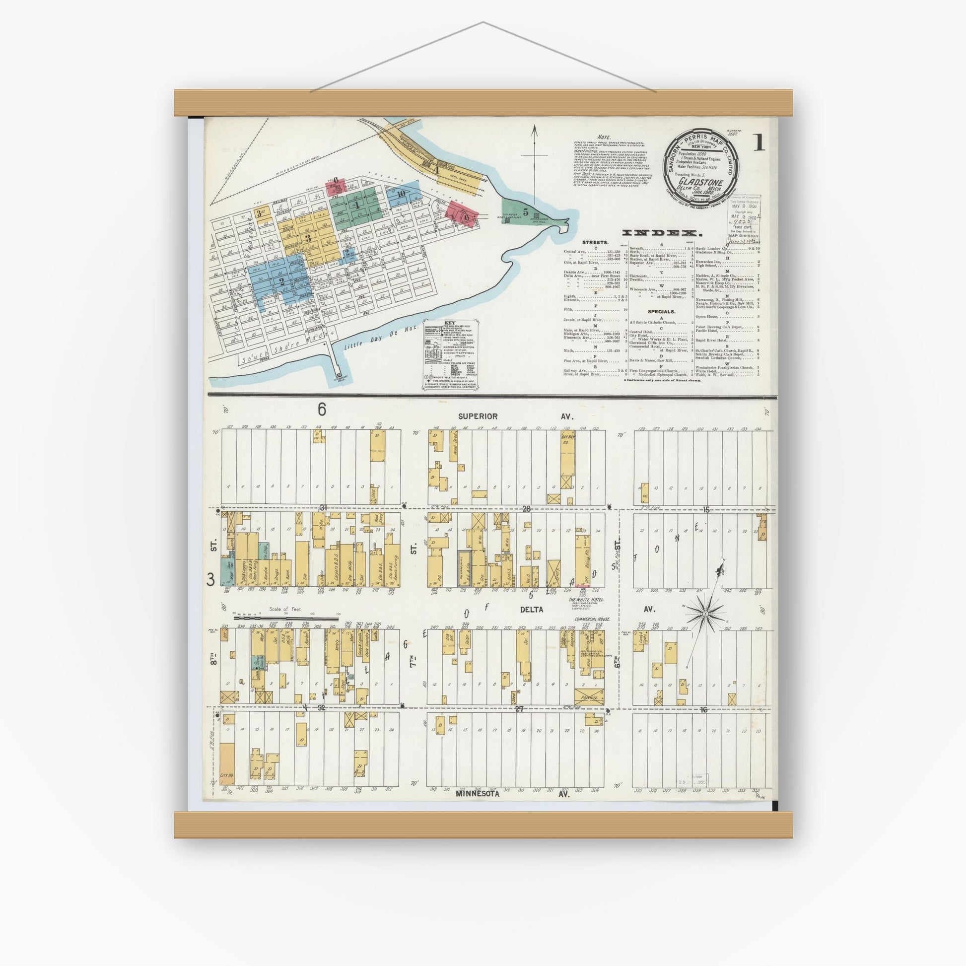 Old map wall art mockup — magnetic wood frame on white wall — Sanborn Fire Insurance Map from Gladstone, Delta County, Michigan (1900), Sheet #0001
