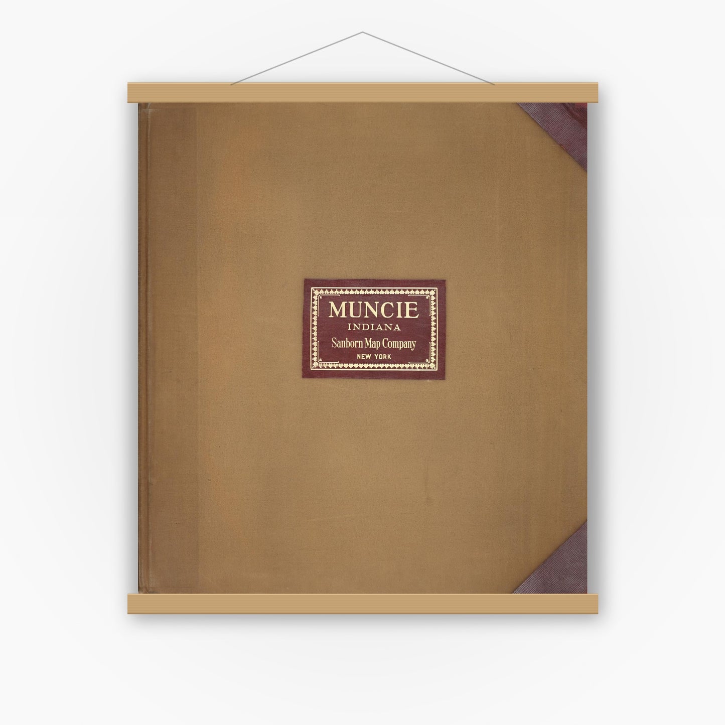 Old map wall art mockup — magnetic wood frame on white wall — Sanborn Fire Insurance Map from Muncie, Delaware County, Indiana (1950), Sheet #0001