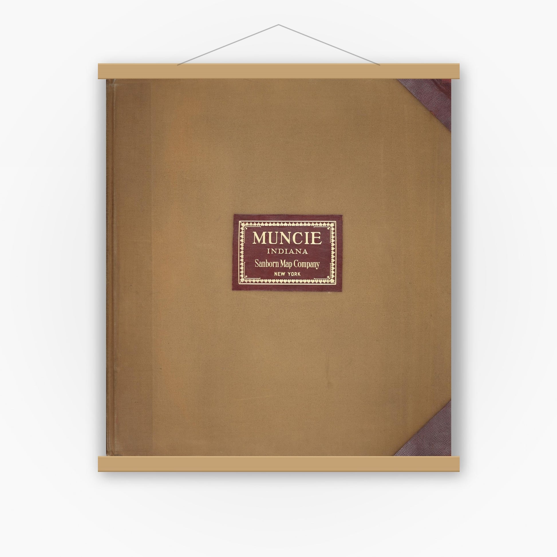 Old map wall art mockup — magnetic wood frame on white wall — Sanborn Fire Insurance Map from Muncie, Delaware County, Indiana (1950), Sheet #0001