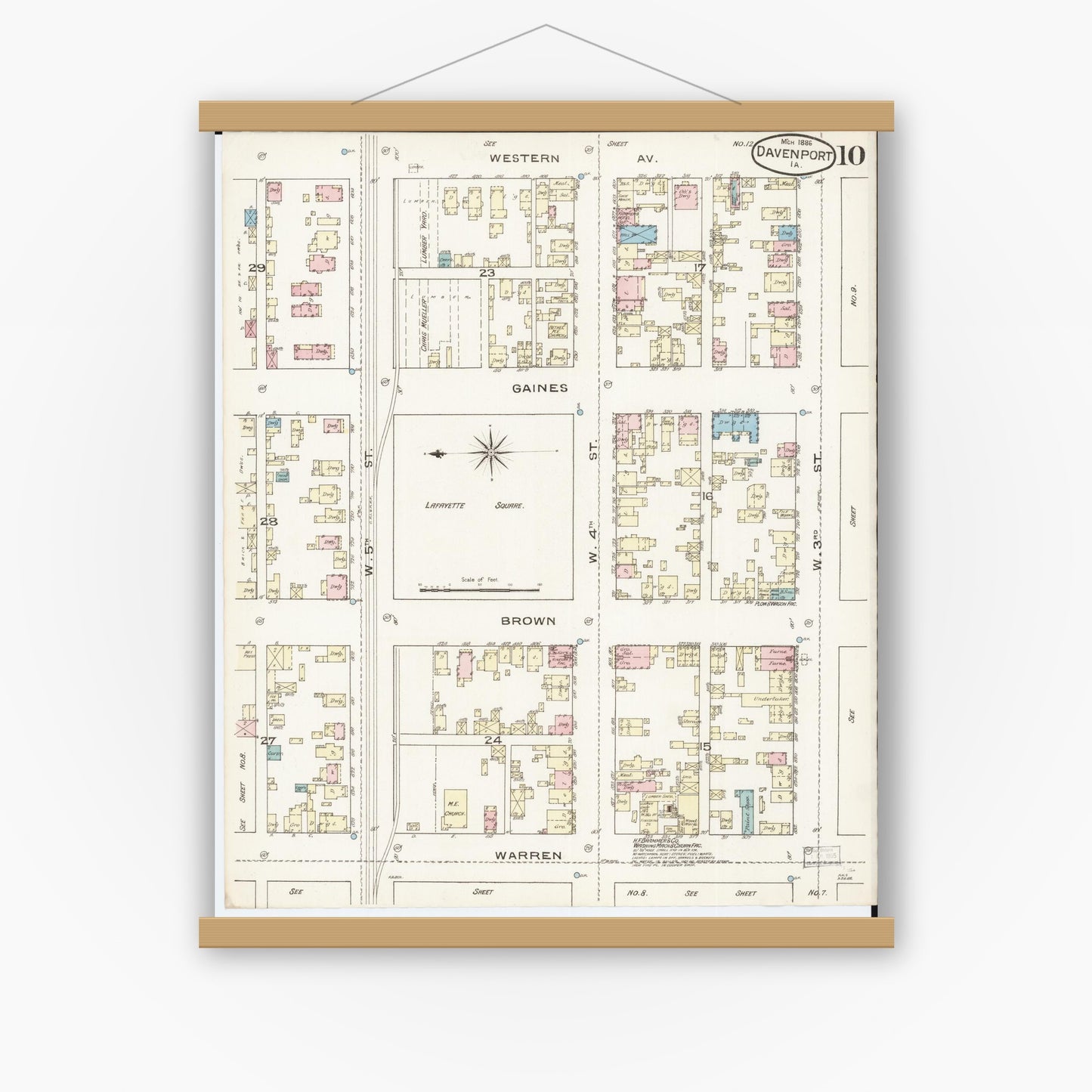 Old map wall art mockup — magnetic wood frame on white wall — Sanborn Fire Insurance Map from Davenport, Scott County, Iowa (1886), Sheet #0010