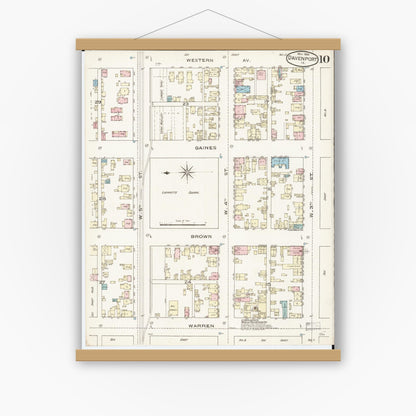 Old map wall art mockup — magnetic wood frame on white wall — Sanborn Fire Insurance Map from Davenport, Scott County, Iowa (1886), Sheet #0010