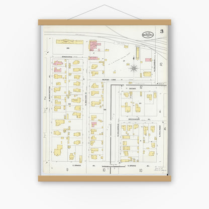 Old map wall art mockup — magnetic wood frame on white wall — Sanborn Fire Insurance Map from Marshall, Harrison County, Texas (1904), Sheet #0003