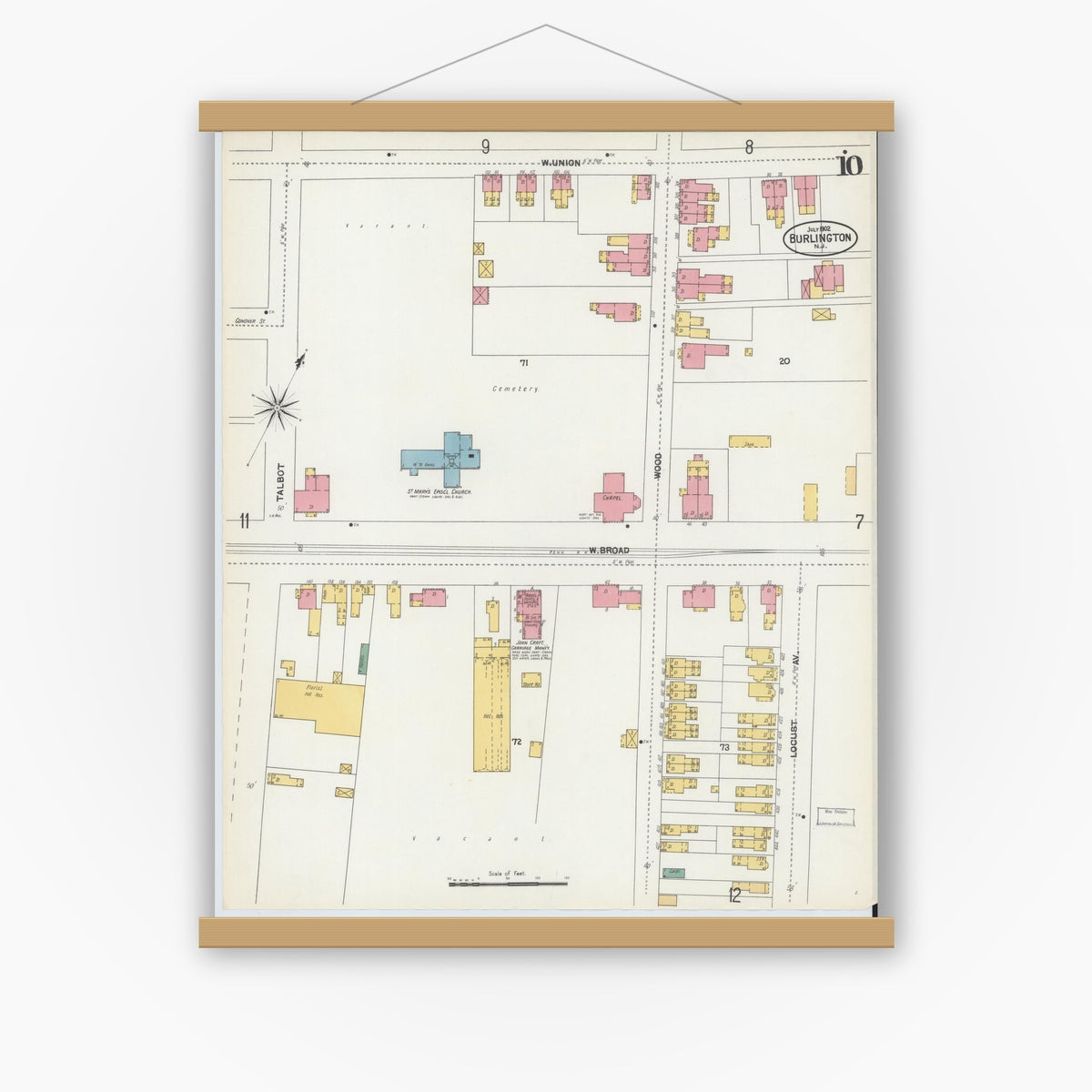 Old map wall art mockup — magnetic wood frame on white wall — Sanborn Fire Insurance Map from Burlington, Burlington County, New Jersey (1902), Sheet #0010