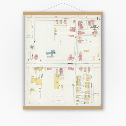 Old map wall art mockup — magnetic wood frame on white wall — Sanborn Fire Insurance Map from Burlington, Burlington County, New Jersey (1902), Sheet #0010