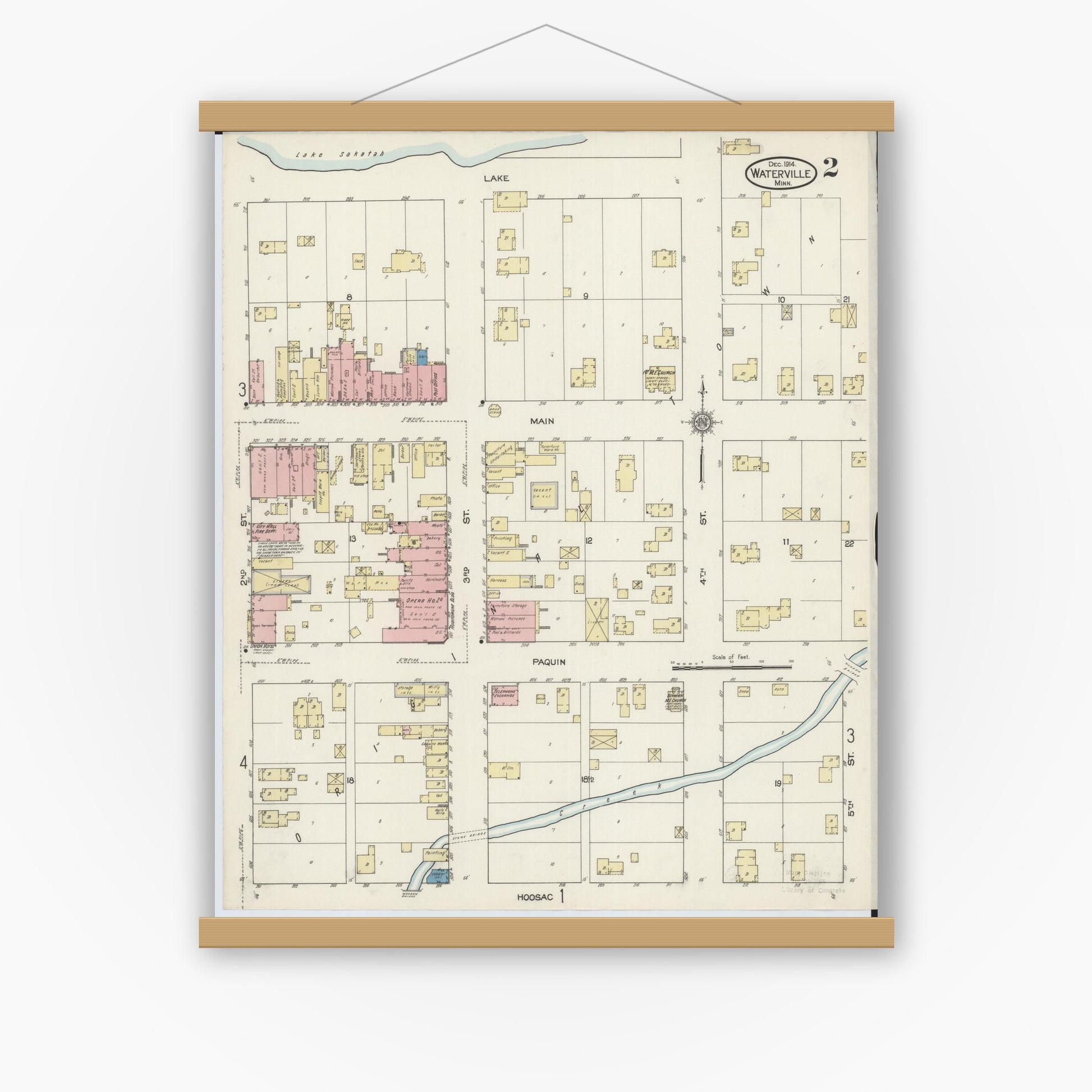 Old map wall art mockup — magnetic wood frame on white wall — Sanborn Fire Insurance Map from Waterville, Le Sueur County, Minnesota (1914), Sheet #0002