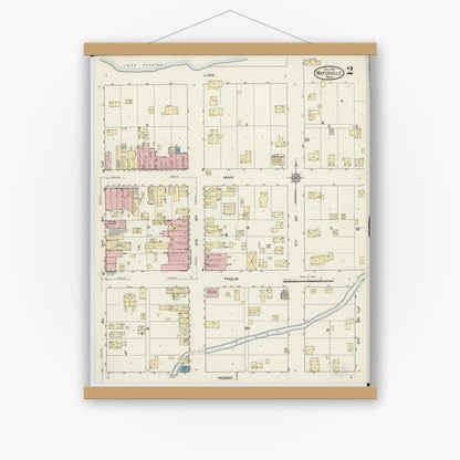 Old map wall art mockup — magnetic wood frame on white wall — Sanborn Fire Insurance Map from Waterville, Le Sueur County, Minnesota (1914), Sheet #0002