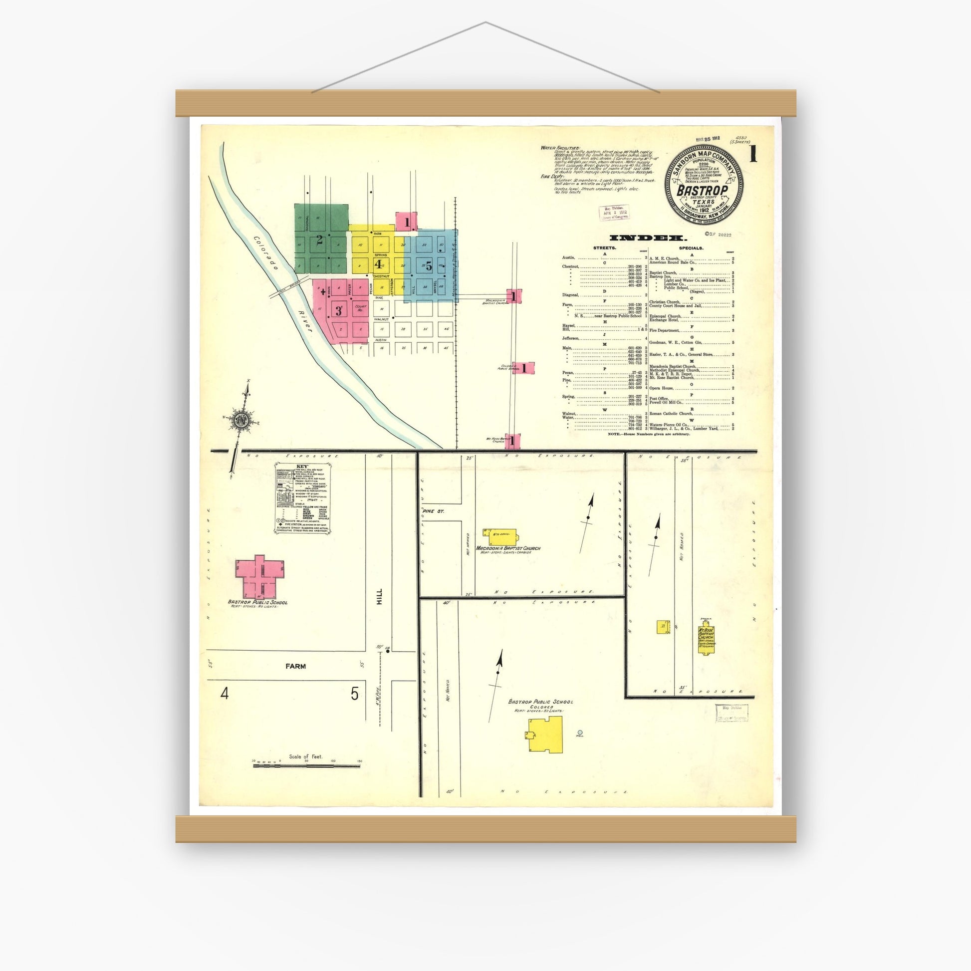 Old map wall art mockup — magnetic wood frame on white wall — Sanborn Fire Insurance Map from Bastrop, Bastrop County, Texas (1912), Sheet #0001