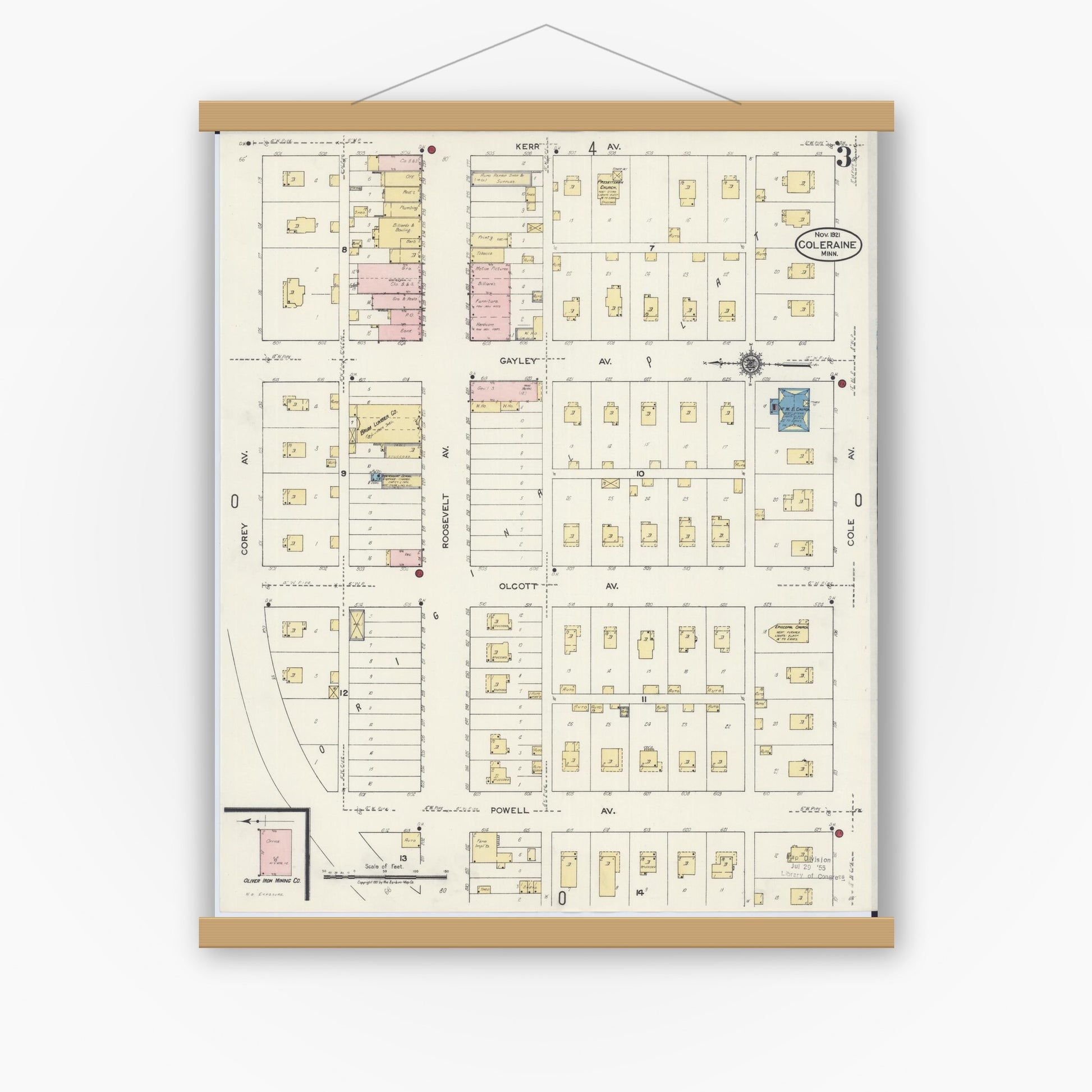 Old map wall art mockup — magnetic wood frame on white wall — Sanborn Fire Insurance Map from Coleraine, Itasca County, Minnesota (1921), Sheet #0003