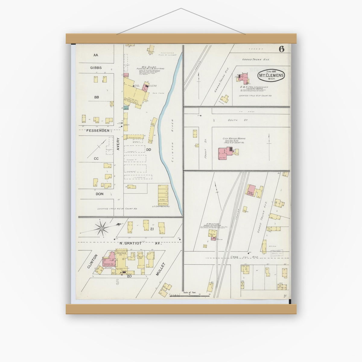 Old map wall art mockup — magnetic wood frame on white wall — Sanborn Fire Insurance Map from Mount Clemens, Macomb County, Michigan (1892), Sheet #0006