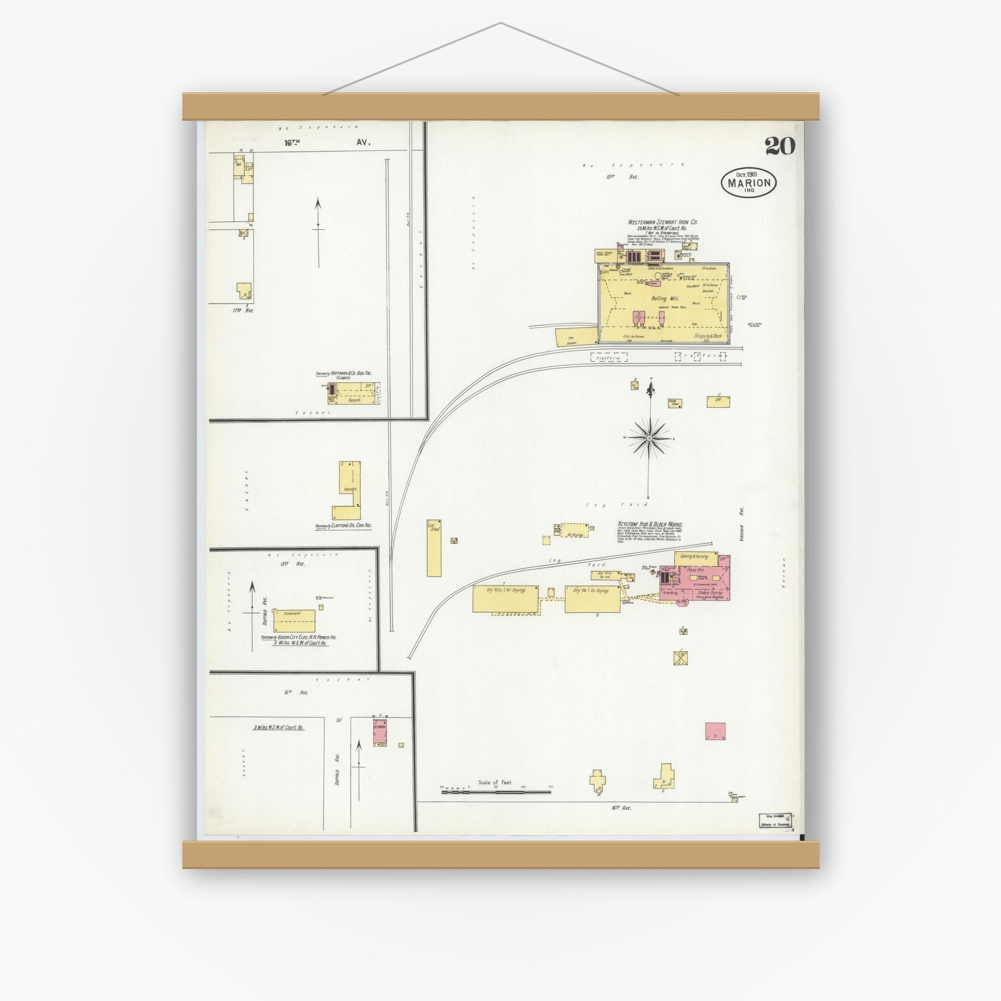 Old map wall art mockup — magnetic wood frame on white wall — Sanborn Fire Insurance Map from Marion, Grant County, Indiana (1901), Sheet #0020