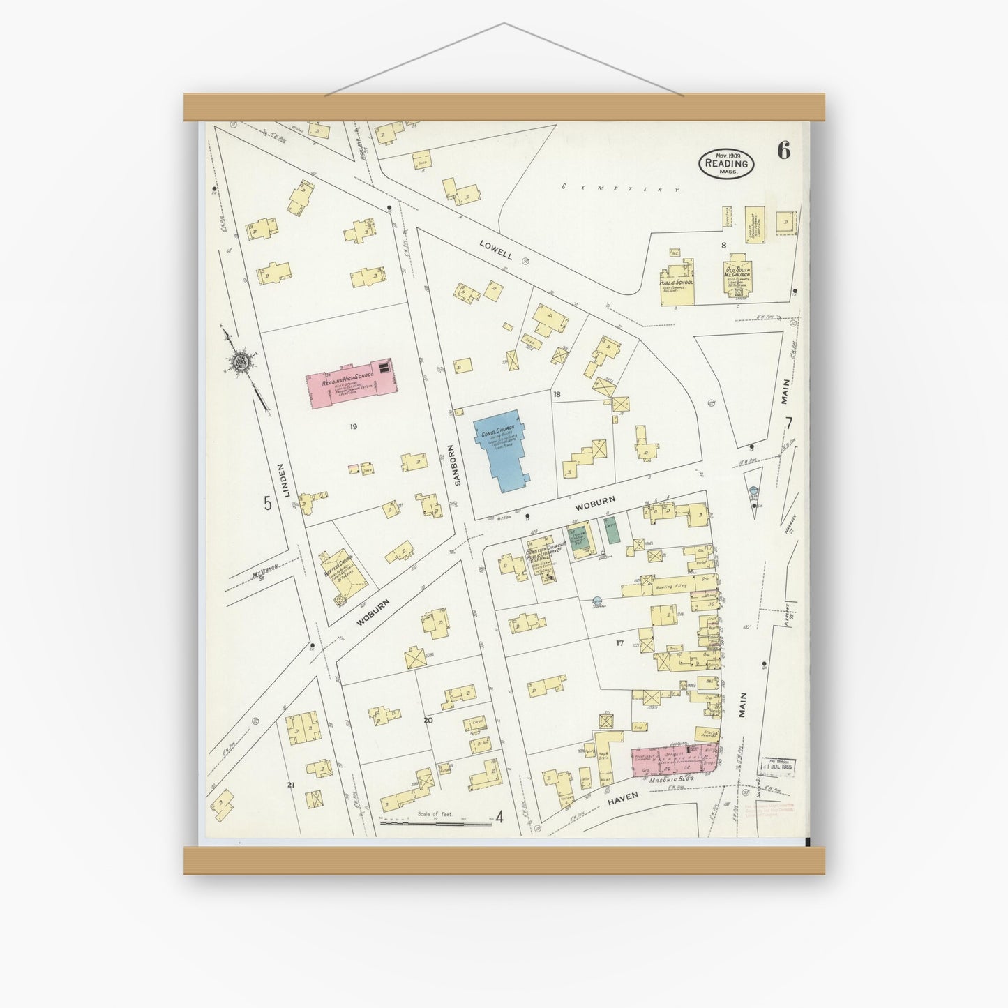 Old map wall art mockup — magnetic wood frame on white wall — Sanborn Fire Insurance Map from Reading, Middlesex County, Massachusetts (1909), Sheet #0006