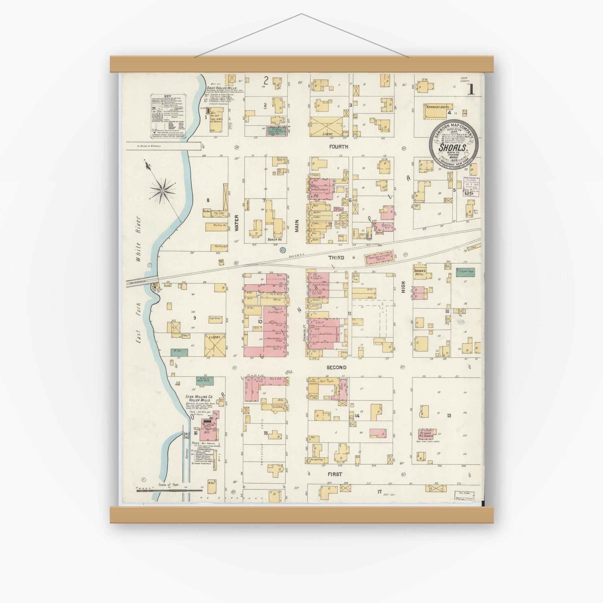Old map wall art mockup — magnetic wood frame on white wall — Sanborn Fire Insurance Map from Shoals, Martin County, Indiana (1902) - Complete Map Set