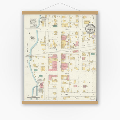 Old map wall art mockup — magnetic wood frame on white wall — Sanborn Fire Insurance Map from Shoals, Martin County, Indiana (1902) - Complete Map Set