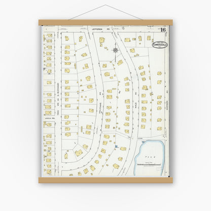Old map wall art mockup — magnetic wood frame on white wall — Sanborn Fire Insurance Map from Edwardsville, Madison County, Illinois (1921), Sheet #0016