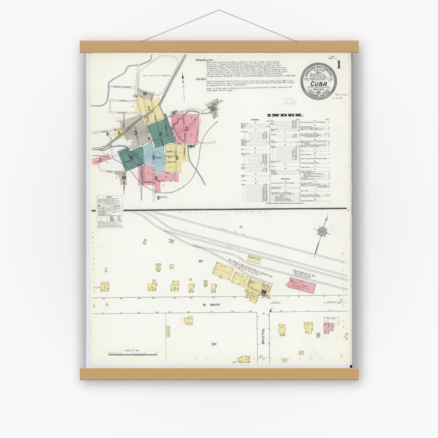 Old map wall art mockup — magnetic wood frame on white wall — Sanborn Fire Insurance Map from Cuba, Allegany County, New York (1912), Sheet #0001