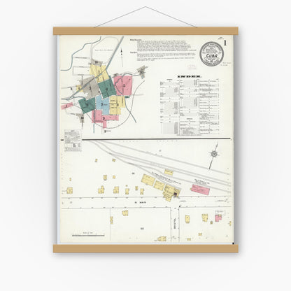 Old map wall art mockup — magnetic wood frame on white wall — Sanborn Fire Insurance Map from Cuba, Allegany County, New York (1912), Sheet #0001