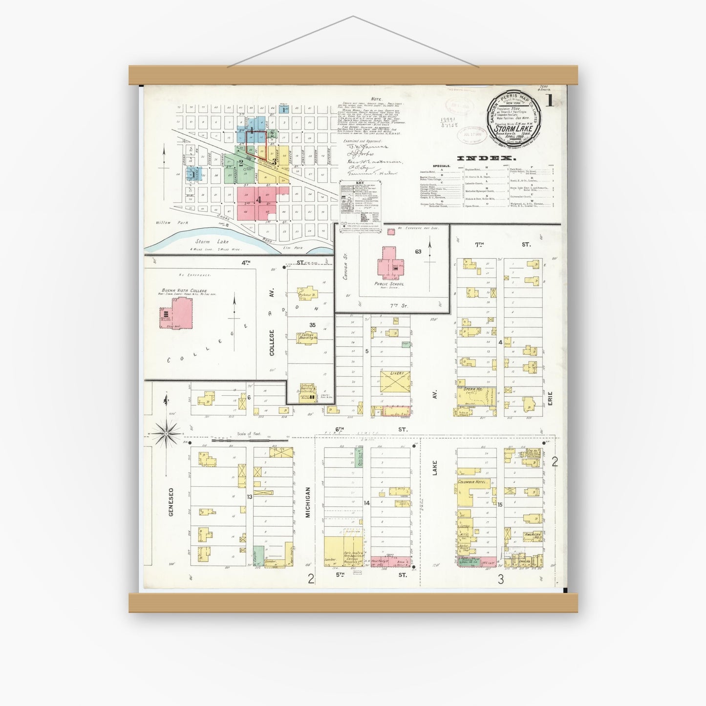 Old map wall art mockup — magnetic wood frame on white wall — Sanborn Fire Insurance Map from Storm Lake, Buena Vista County, Iowa (1899), Sheet #0001