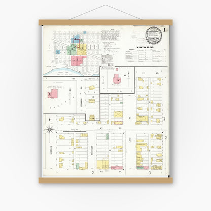 Old map wall art mockup — magnetic wood frame on white wall — Sanborn Fire Insurance Map from Storm Lake, Buena Vista County, Iowa (1899), Sheet #0001