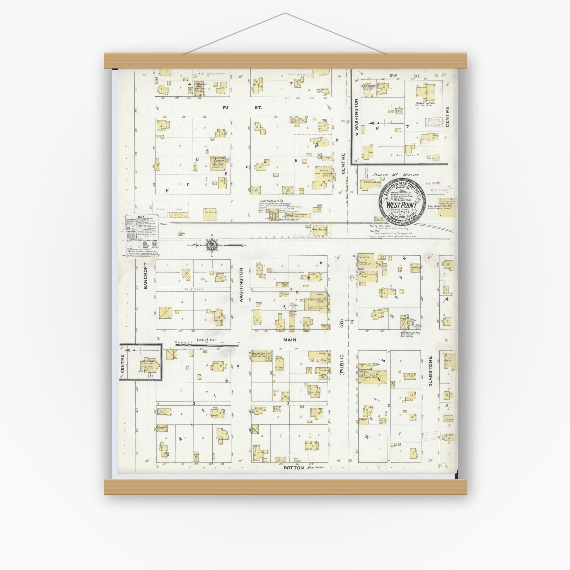 Old map wall art mockup — magnetic wood frame on white wall — Sanborn Fire Insurance Map from West Point, Hancock County, Illinois (1910), Sheet #0001