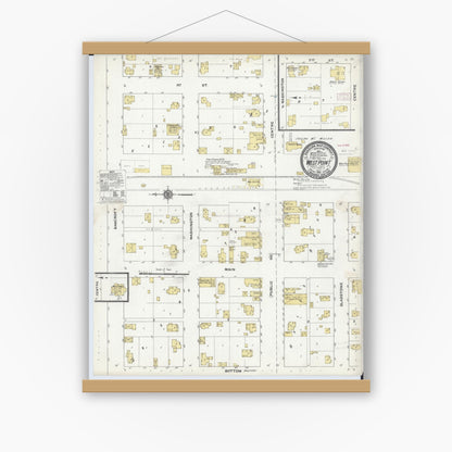 Old map wall art mockup — magnetic wood frame on white wall — Sanborn Fire Insurance Map from West Point, Hancock County, Illinois (1910), Sheet #0001