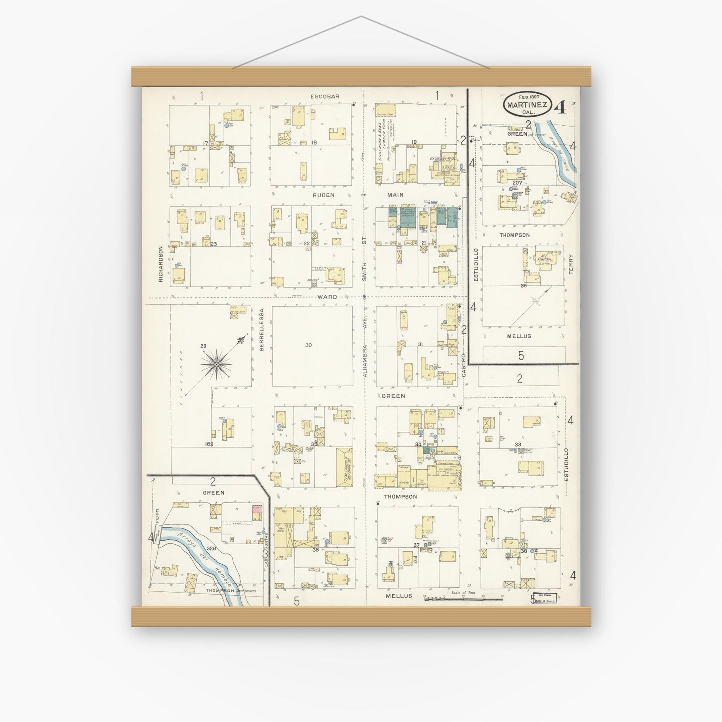 Old map wall art mockup — magnetic wood frame on white wall — Sanborn Fire Insurance Map from Martinez, Contra Costa County, California (1897), Sheet #0004