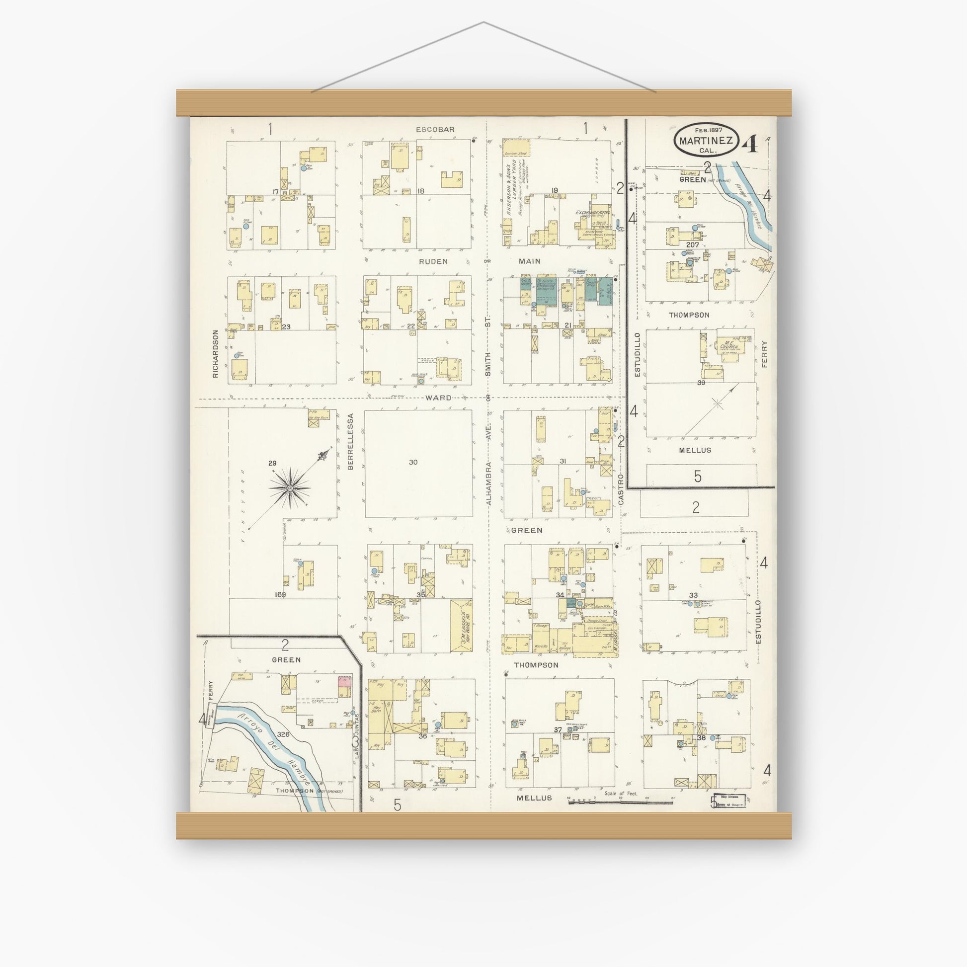 Old map wall art mockup — magnetic wood frame on white wall — Sanborn Fire Insurance Map from Martinez, Contra Costa County, California (1897), Sheet #0004