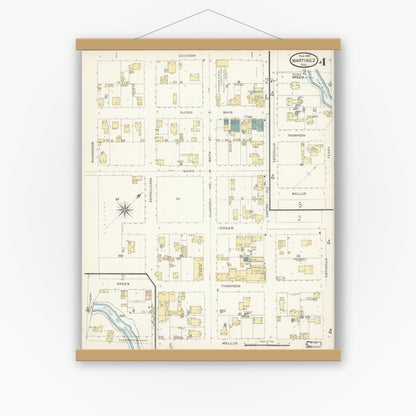 Old map wall art mockup — magnetic wood frame on white wall — Sanborn Fire Insurance Map from Martinez, Contra Costa County, California (1897), Sheet #0004