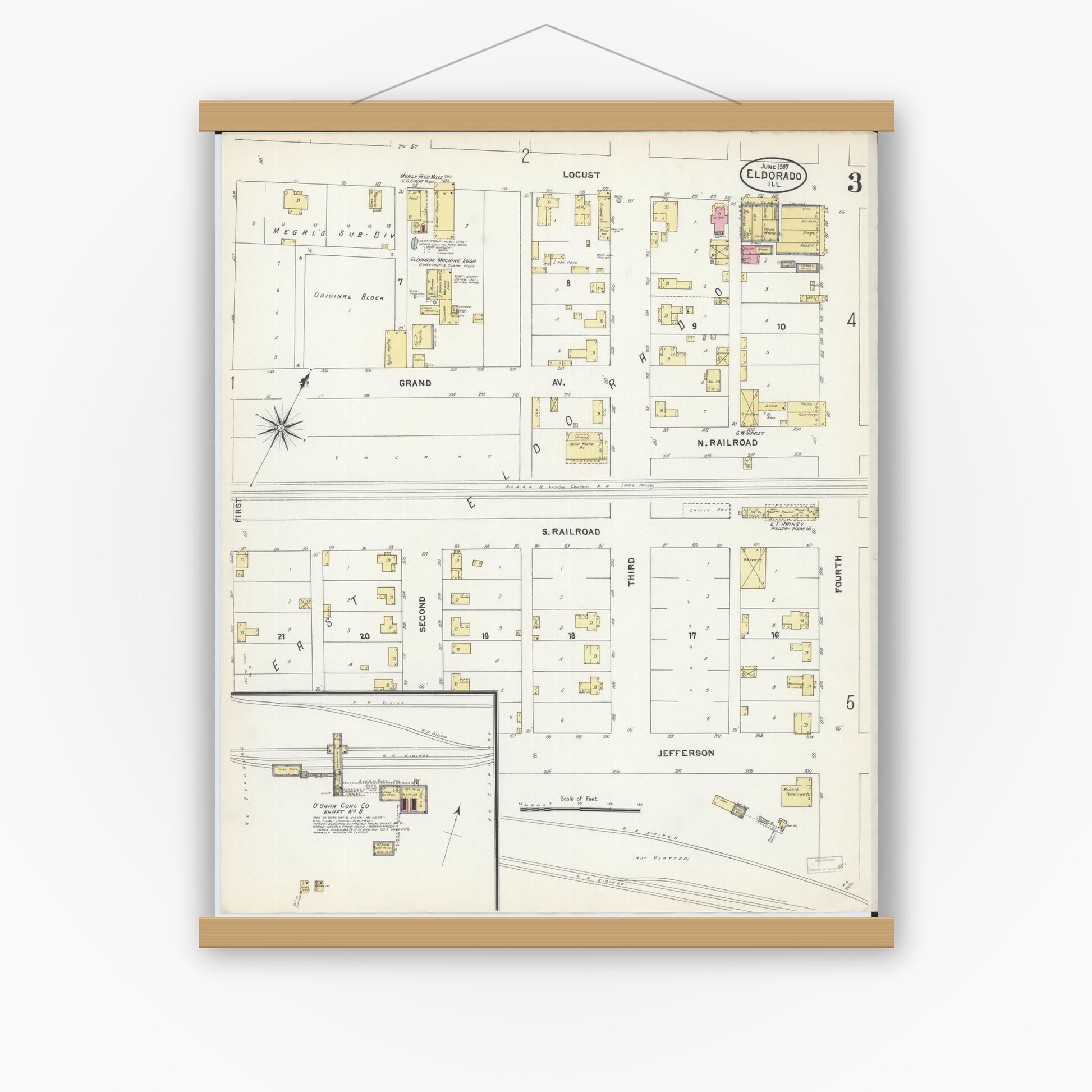 Old map wall art mockup — magnetic wood frame on white wall — Sanborn Fire Insurance Map from Eldorado, Saline County, Illinois (1907), Sheet #0003