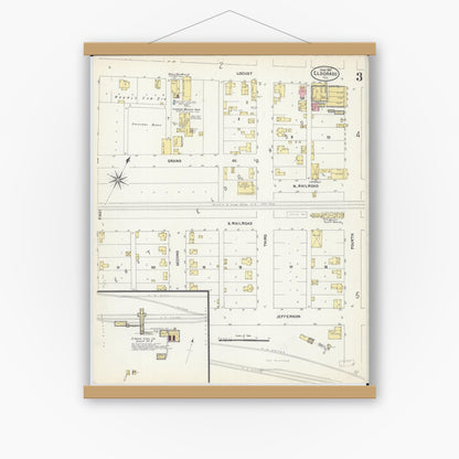 Old map wall art mockup — magnetic wood frame on white wall — Sanborn Fire Insurance Map from Eldorado, Saline County, Illinois (1907), Sheet #0003