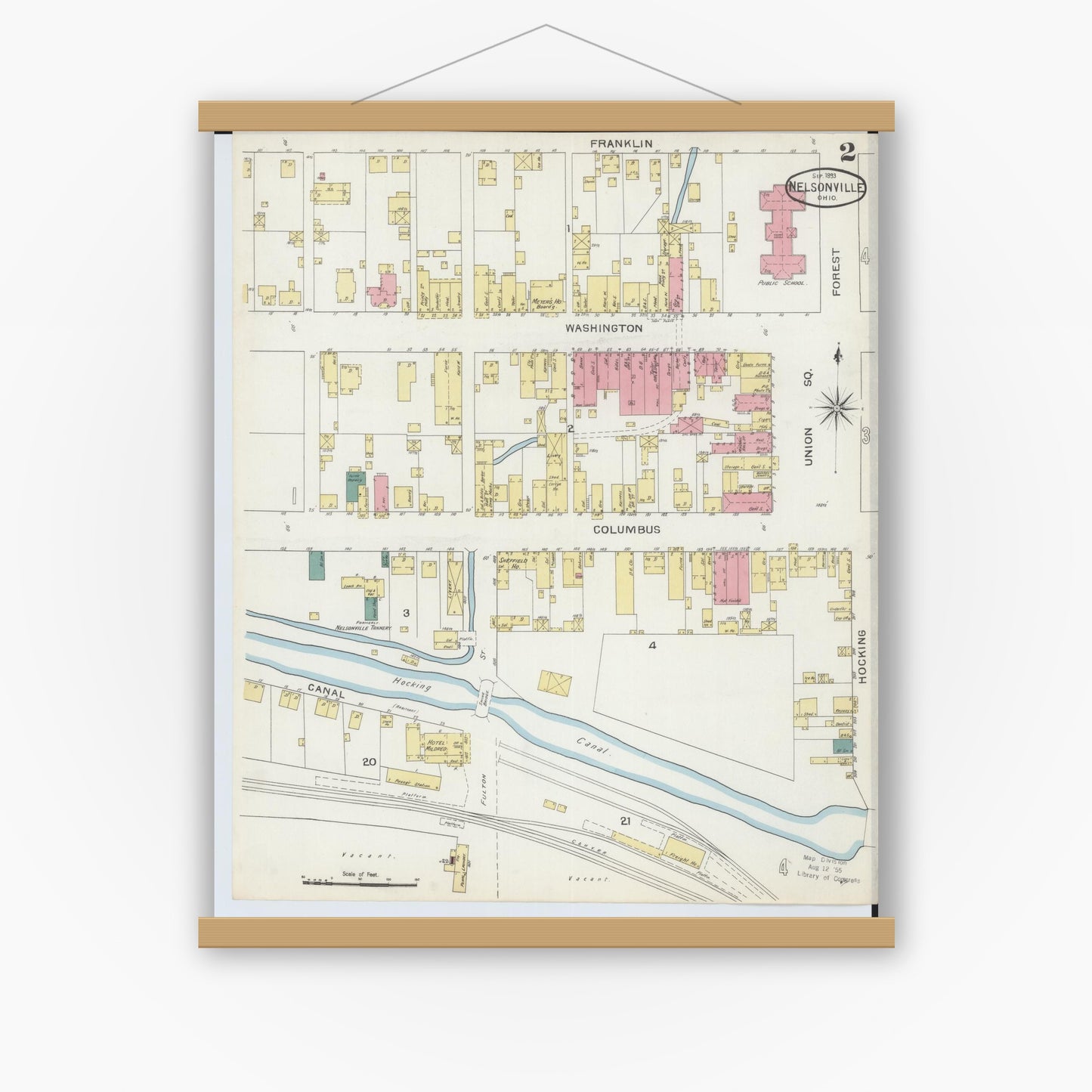 Old map wall art mockup — magnetic wood frame on white wall — Sanborn Fire Insurance Map from Nelsonville, Athens County, Ohio (1893), Sheet #0002