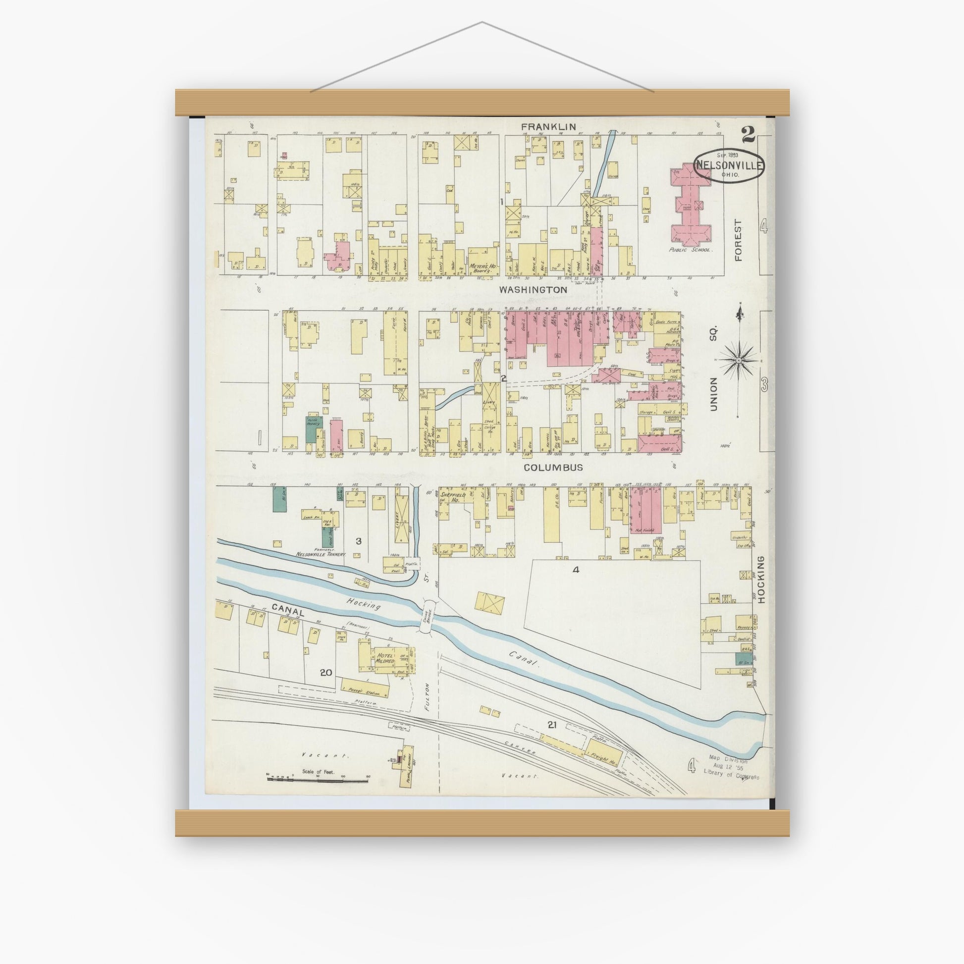Old map wall art mockup — magnetic wood frame on white wall — Sanborn Fire Insurance Map from Nelsonville, Athens County, Ohio (1893), Sheet #0002