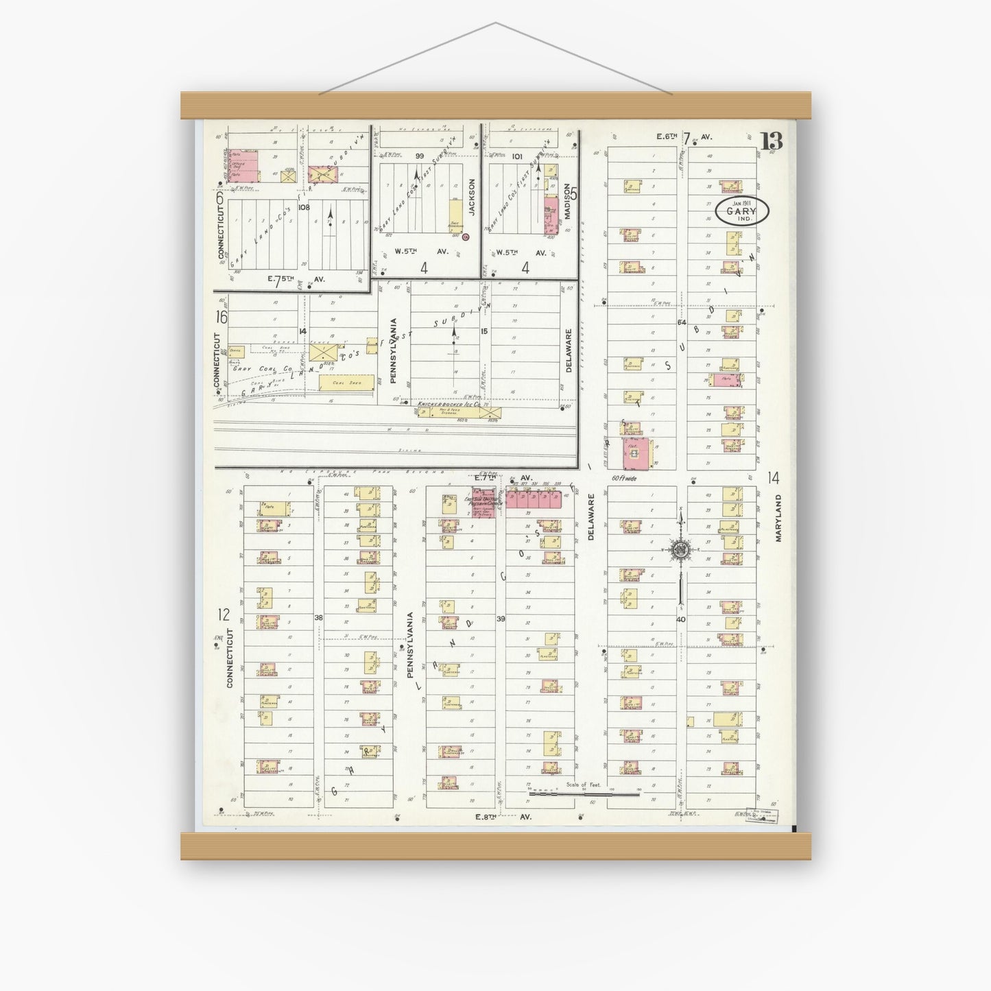 Old map wall art mockup — magnetic wood frame on white wall — Sanborn Fire Insurance Map from Gary, Lake County, Indiana (1911), Sheet #0013