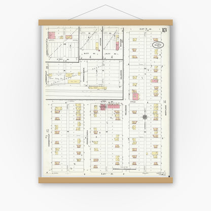 Old map wall art mockup — magnetic wood frame on white wall — Sanborn Fire Insurance Map from Gary, Lake County, Indiana (1911), Sheet #0013