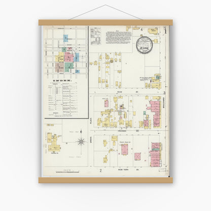 Old map wall art mockup — magnetic wood frame on white wall — Sanborn Fire Insurance Map from De Land, Volusia County, Florida (1897), Sheet #0001
