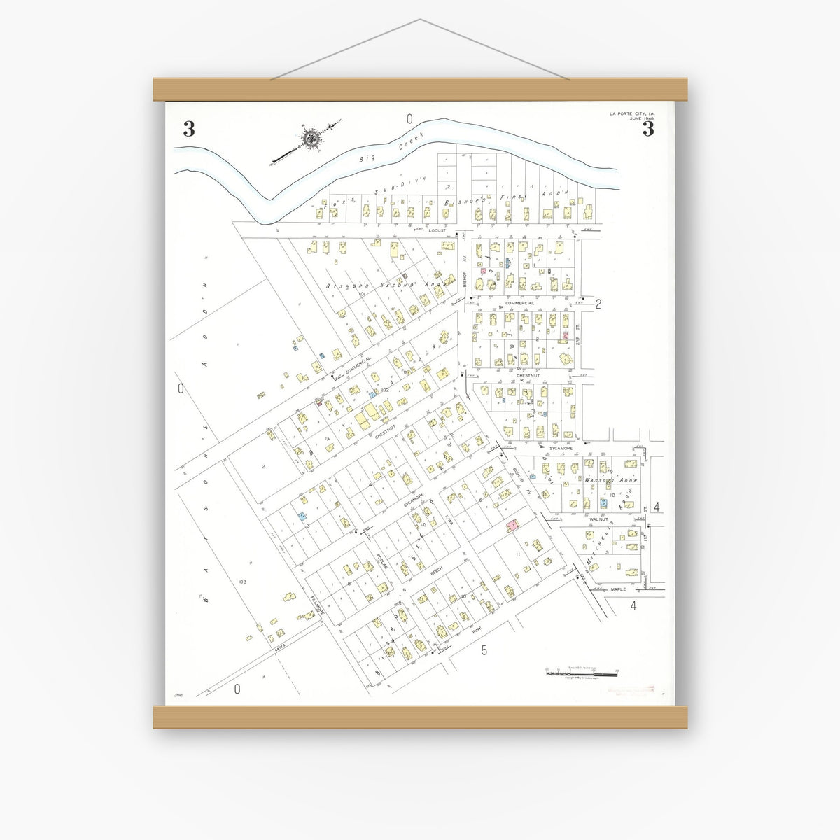 Old map wall art mockup — magnetic wood frame on white wall — Sanborn Fire Insurance Map from La Porte City, Black Hawk County, Iowa (1948), Sheet #0003