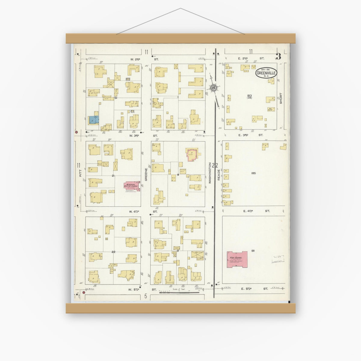 Old map wall art mockup — magnetic wood frame on white wall — Sanborn Fire Insurance Map from Greenville, Pitt County, North Carolina (1916), Sheet #0003