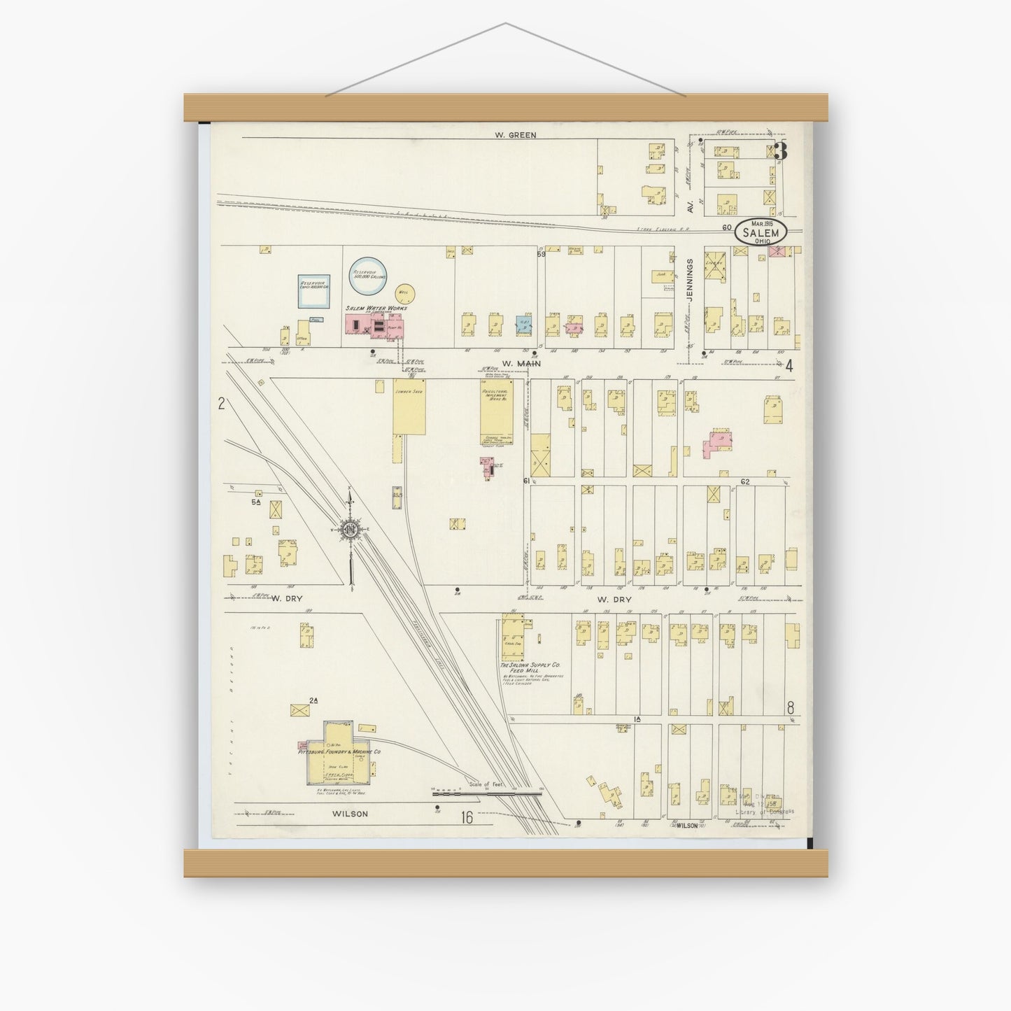 Old map wall art mockup — magnetic wood frame on white wall — Sanborn Fire Insurance Map from Salem, Columbiana County, Ohio (1915), Sheet #0003