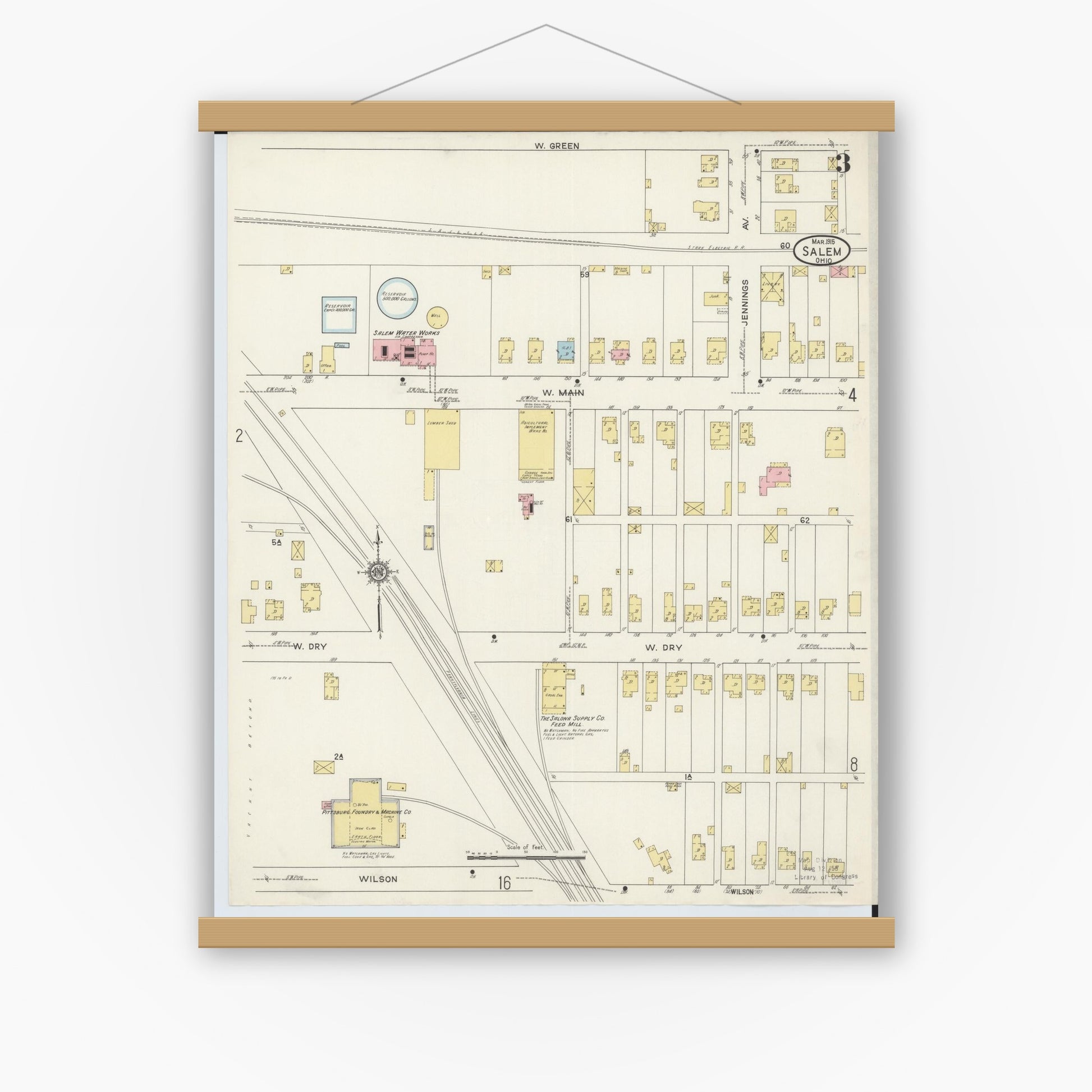 Old map wall art mockup — magnetic wood frame on white wall — Sanborn Fire Insurance Map from Salem, Columbiana County, Ohio (1915), Sheet #0003